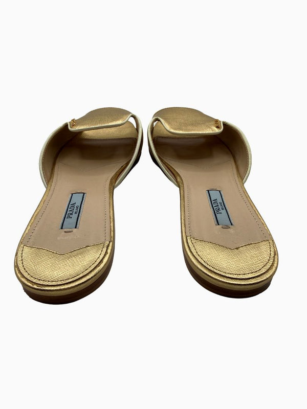 Prada Gold Saffiano Leather Flat Slide Sandals Shoes Size 39 Italy