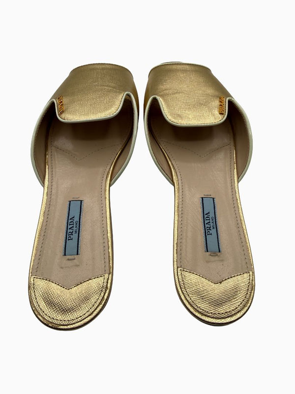 Prada Gold Saffiano Leather Flat Slide Sandals Shoes Size 39 Italy