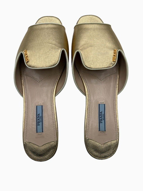 Prada Gold Saffiano Leather Flat Slide Sandals Shoes Size 39 Italy