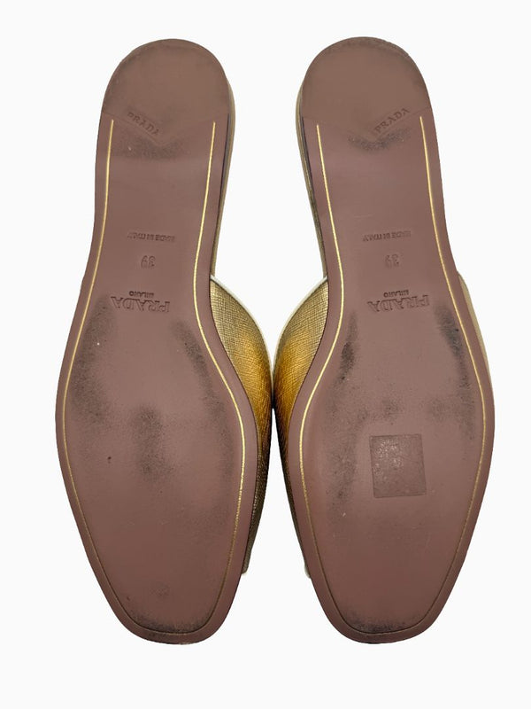 Prada Gold Saffiano Leather Flat Slide Sandals Shoes Size 39 Italy