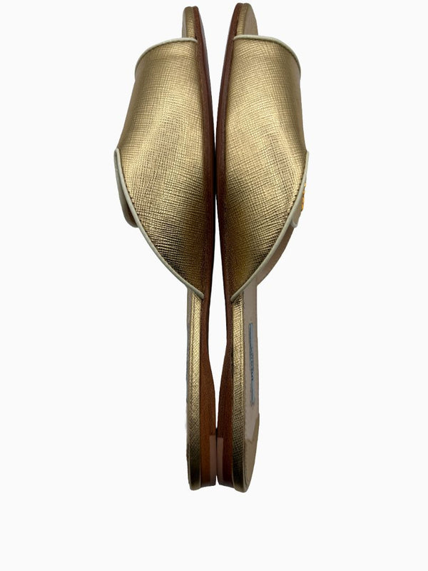 Prada Gold Saffiano Leather Flat Slide Sandals Shoes Size 39 Italy