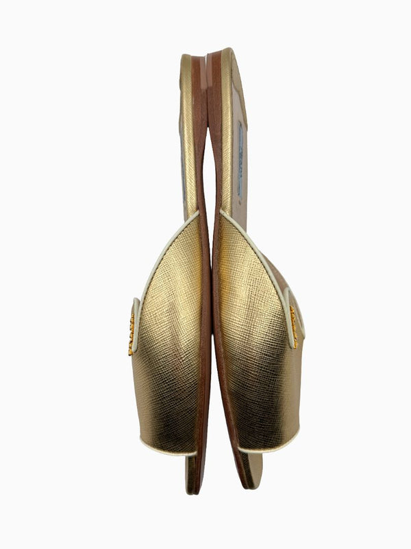 Prada Gold Saffiano Leather Flat Slide Sandals Shoes Size 39 Italy