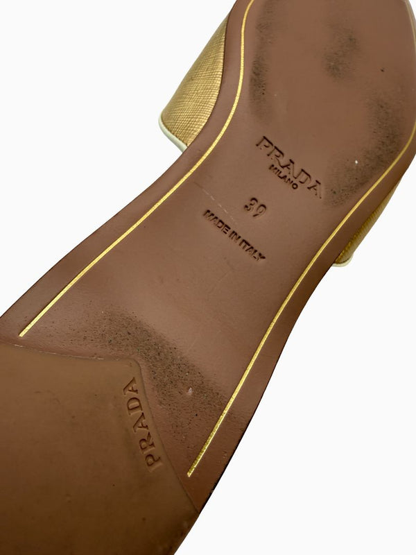 Prada Gold Saffiano Leather Flat Slide Sandals Shoes Size 39 Italy