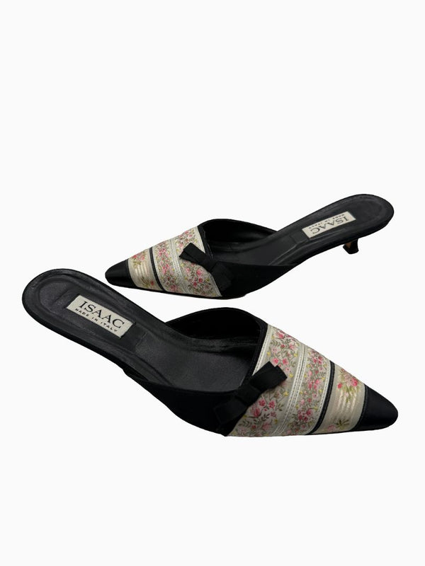 Vintage Isaac Mizrahi Floral Brocade Satin Kitten Heel Mules Shoes 9 Italy