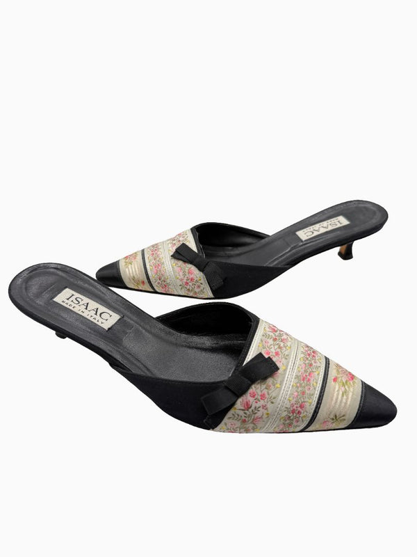 Vintage Isaac Mizrahi Floral Brocade Satin Kitten Heel Mules Shoes 9 Italy