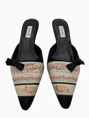 Vintage Isaac Mizrahi Floral Brocade Satin Kitten Heel Mules Shoes 9 Italy