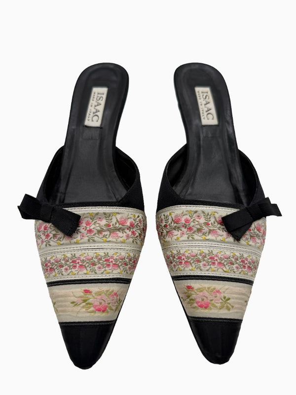 Vintage Isaac Mizrahi Floral Brocade Satin Kitten Heel Mules Shoes 9 Italy