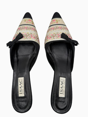 Vintage Isaac Mizrahi Floral Brocade Satin Kitten Heel Mules Shoes 9 Italy