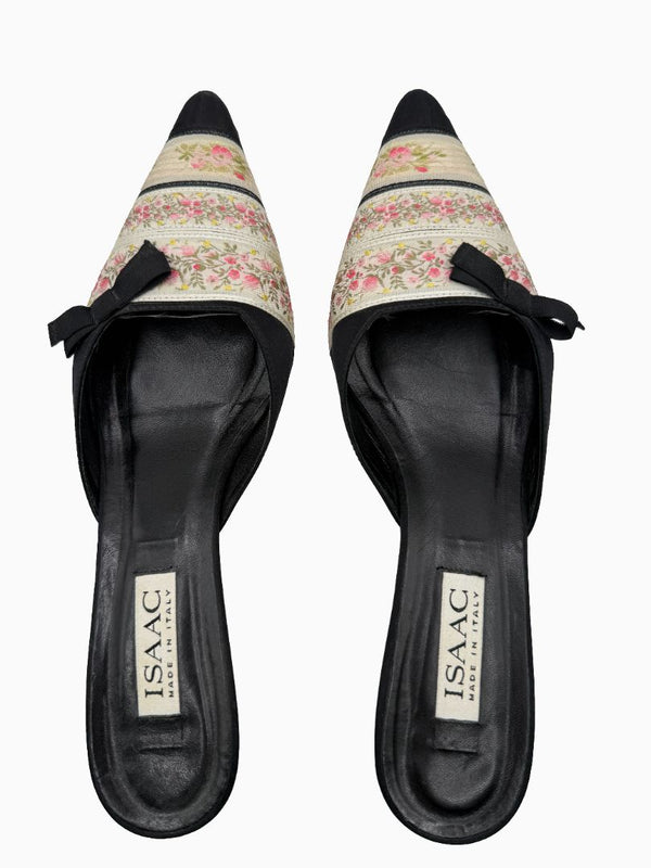 Vintage Isaac Mizrahi Floral Brocade Satin Kitten Heel Mules Shoes 9 Italy