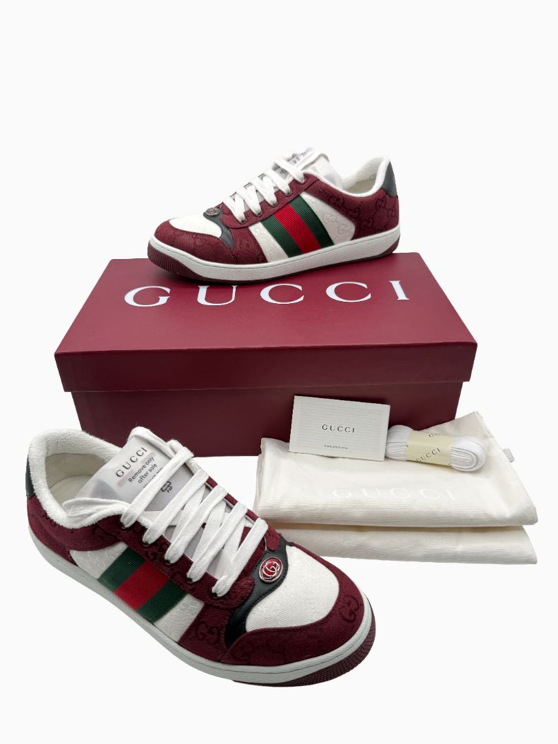 Gucci Mens GG Monogram Web Stripe Low Top Sneakers Burgundy Ivory Size 8 Italy