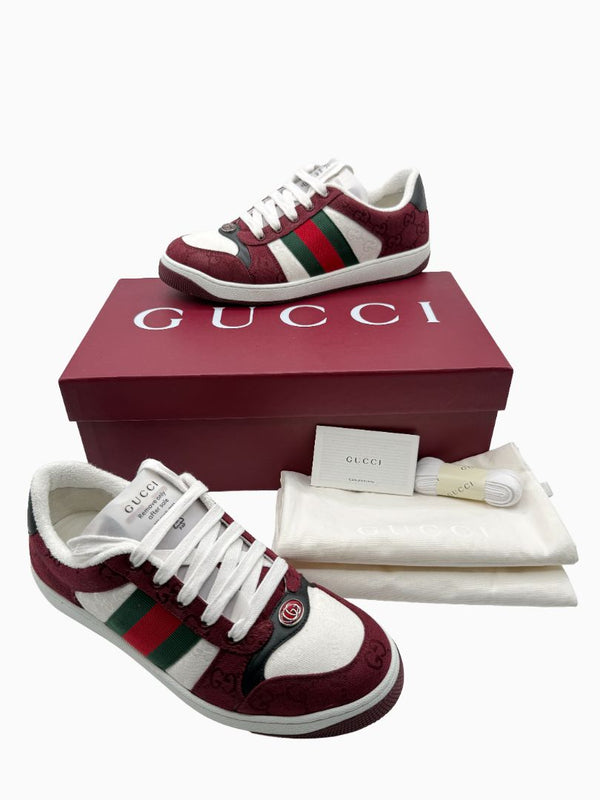 Gucci Mens GG Monogram Web Stripe Low Top Sneakers Burgundy Ivory Size 8 Italy