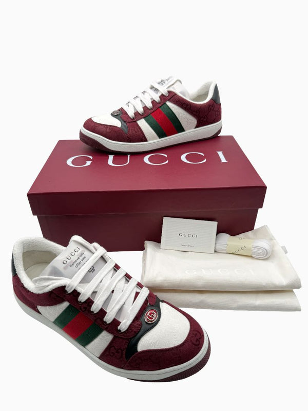 Gucci Mens GG Monogram Web Stripe Low Top Sneakers Burgundy Ivory Size 8 Italy
