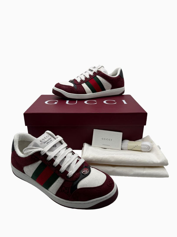 Gucci Mens GG Monogram Web Stripe Low Top Sneakers Burgundy Ivory Size 8 Italy