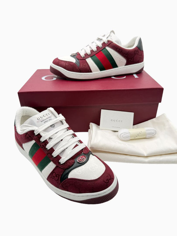 Gucci Mens GG Monogram Web Stripe Low Top Sneakers Burgundy Ivory Size 8 Italy