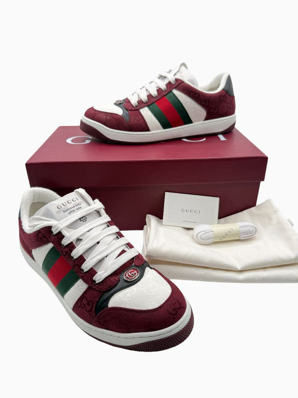 Gucci Mens GG Monogram Web Stripe Low Top Sneakers Burgundy Ivory Size 8 Italy