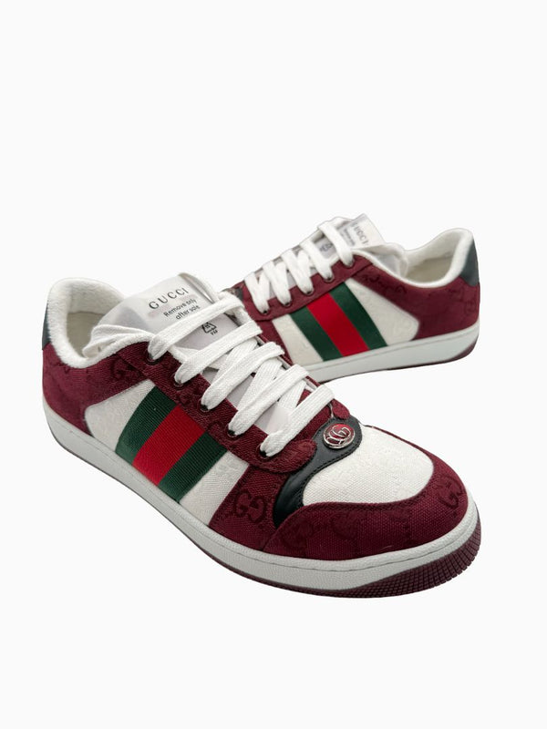Gucci Mens GG Monogram Web Stripe Low Top Sneakers Burgundy Ivory Size 8 Italy
