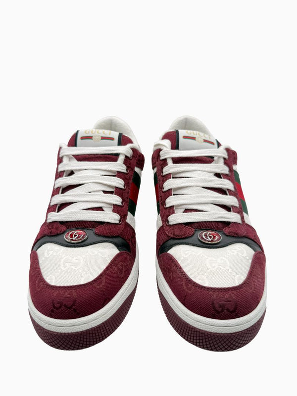 Gucci Mens GG Monogram Web Stripe Low Top Sneakers Burgundy Ivory Size 8 Italy