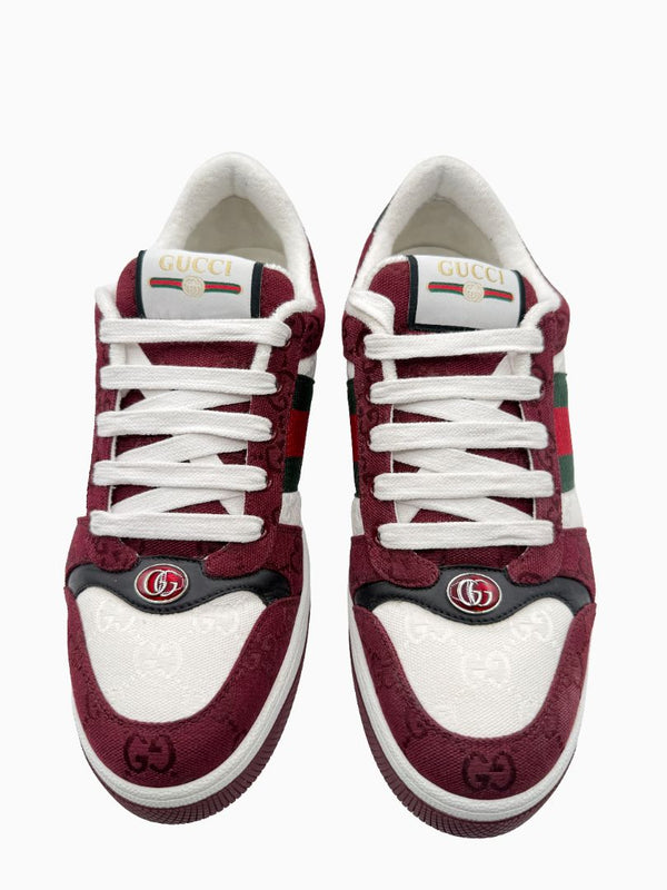 Gucci Mens GG Monogram Web Stripe Low Top Sneakers Burgundy Ivory Size 8 Italy