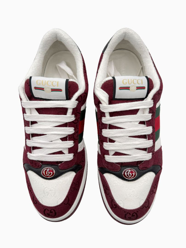 Gucci Mens GG Monogram Web Stripe Low Top Sneakers Burgundy Ivory Size 8 Italy