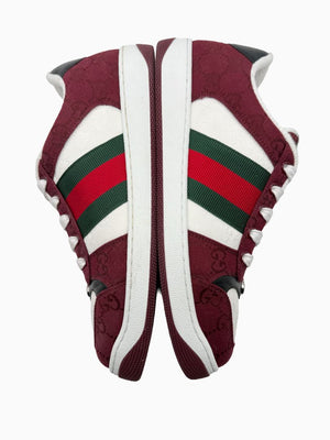 Gucci Mens GG Monogram Web Stripe Low Top Sneakers Burgundy Ivory Size 8 Italy