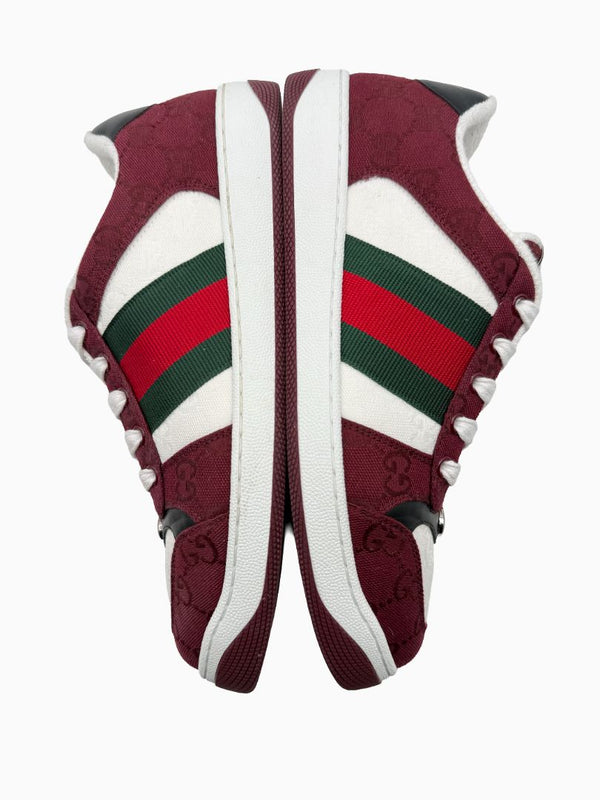 Gucci Mens GG Monogram Web Stripe Low Top Sneakers Burgundy Ivory Size 8 Italy