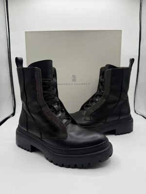 Brunello Cucinelli Monili Beaded Lace up Leather Lug-Sole Combat Boots – Size 36.5