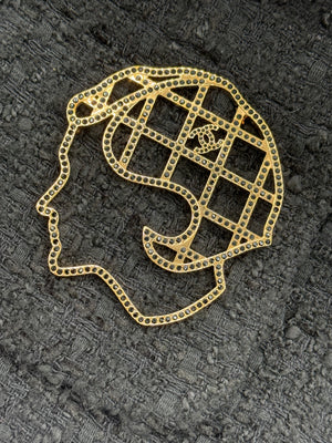 CHANEL 17A Mademoiselle Silhouette Large Strass Brooch in Light Gold Hardware
