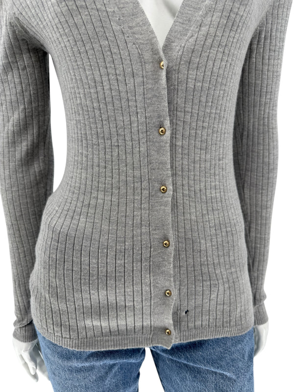 LOEWE Grey Ribbed Cashmere Silk Cardigan – Gold Buttons