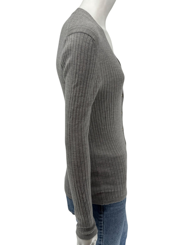 LOEWE Grey Ribbed Cashmere Silk Cardigan – Gold Buttons