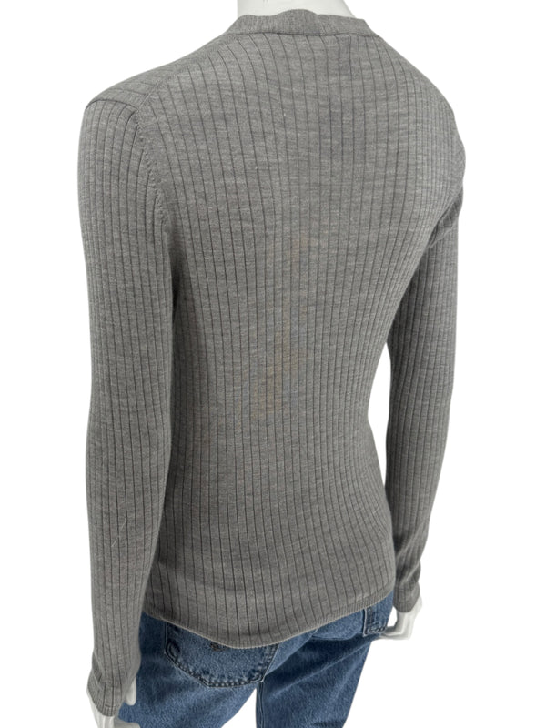 LOEWE Grey Ribbed Cashmere Silk Cardigan – Gold Buttons