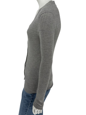 LOEWE Grey Ribbed Cashmere Silk Cardigan – Gold Buttons