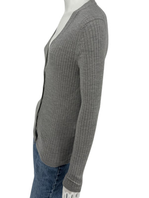 LOEWE Grey Ribbed Cashmere Silk Cardigan – Gold Buttons