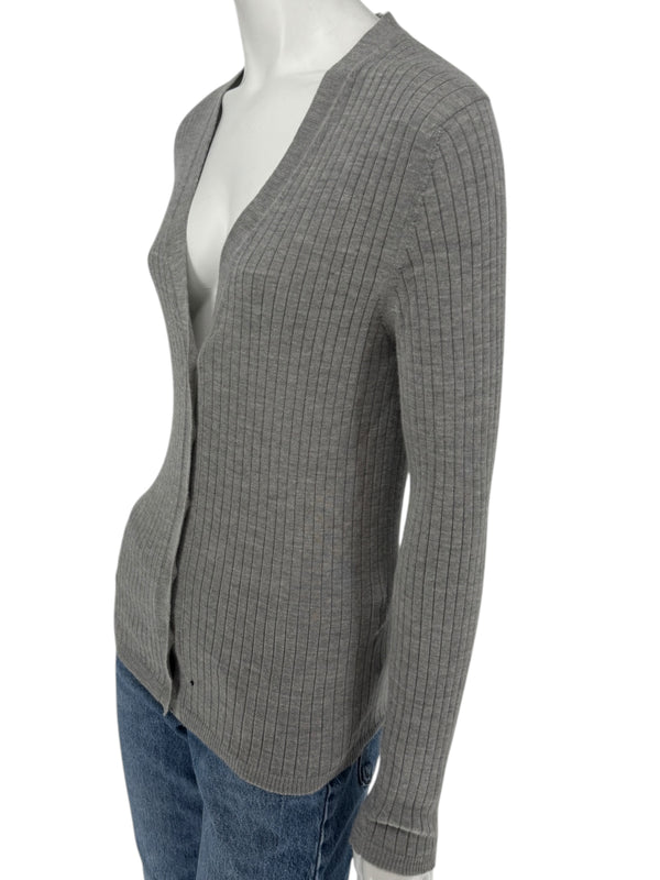 LOEWE Grey Ribbed Cashmere Silk Cardigan – Gold Buttons