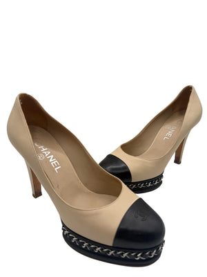 Chanel Beige & Black "CC" Captoe Chain Platform Pumps – Size 38.5