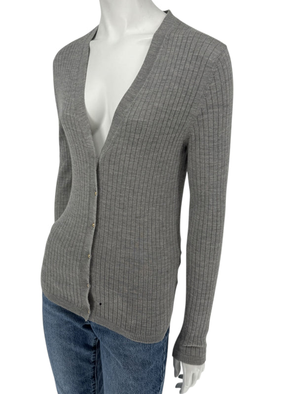 LOEWE Grey Ribbed Cashmere Silk Cardigan – Gold Buttons