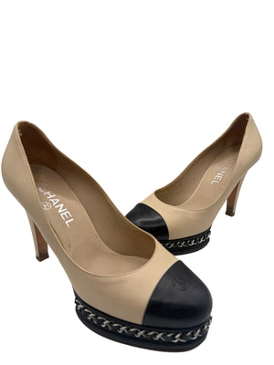 Chanel Beige & Black "CC" Captoe Chain Platform Pumps – Size 38.5