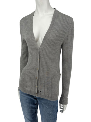 LOEWE Grey Ribbed Cashmere Silk Cardigan – Gold Buttons