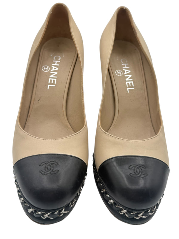 Chanel Beige & Black "CC" Captoe Chain Platform Pumps – Size 38.5