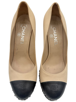 Chanel Beige & Black "CC" Captoe Chain Platform Pumps – Size 38.5
