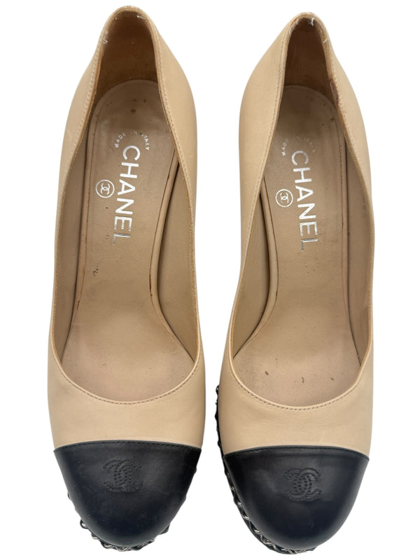 Chanel Beige & Black "CC" Captoe Chain Platform Pumps – Size 38.5