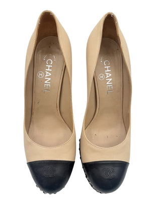 Chanel Beige & Black "CC" Captoe Chain Platform Pumps – Size 38.5