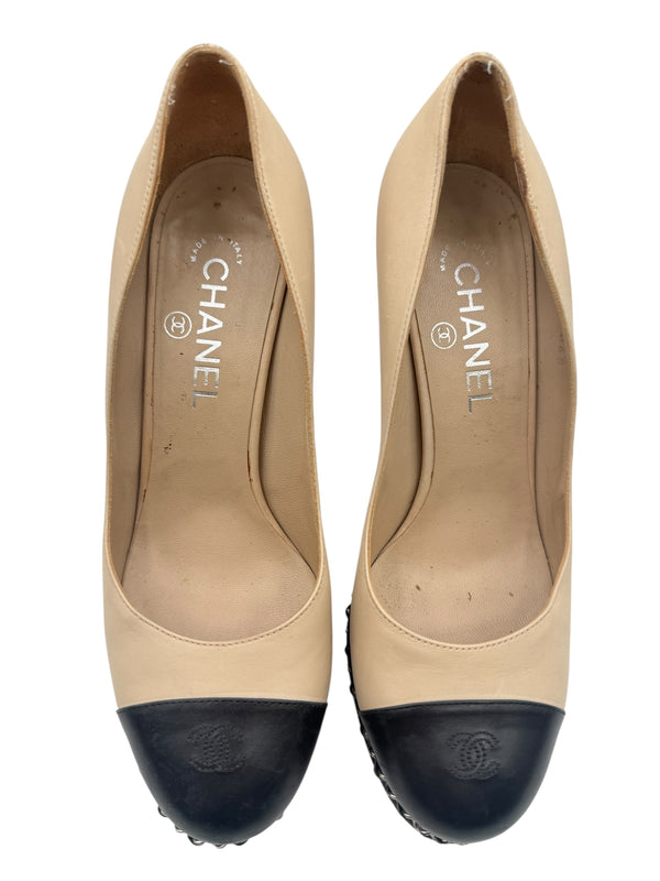 Chanel Beige & Black "CC" Captoe Chain Platform Pumps – Size 38.5