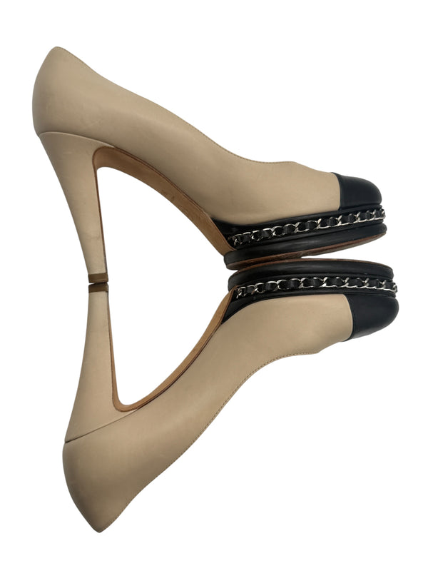 Chanel Beige & Black "CC" Captoe Chain Platform Pumps – Size 38.5