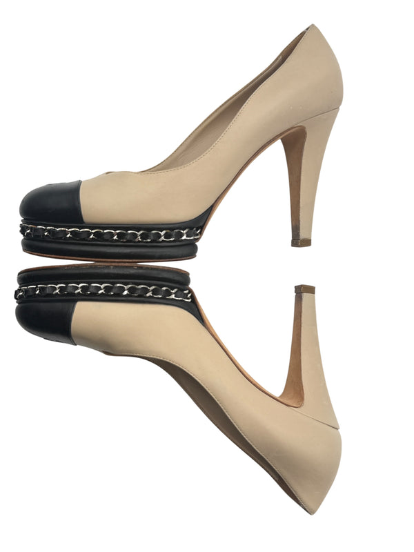 Chanel Beige & Black "CC" Captoe Chain Platform Pumps – Size 38.5