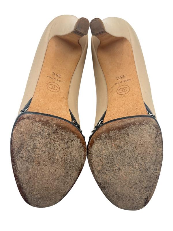 Chanel Beige & Black "CC" Captoe Chain Platform Pumps – Size 38.5