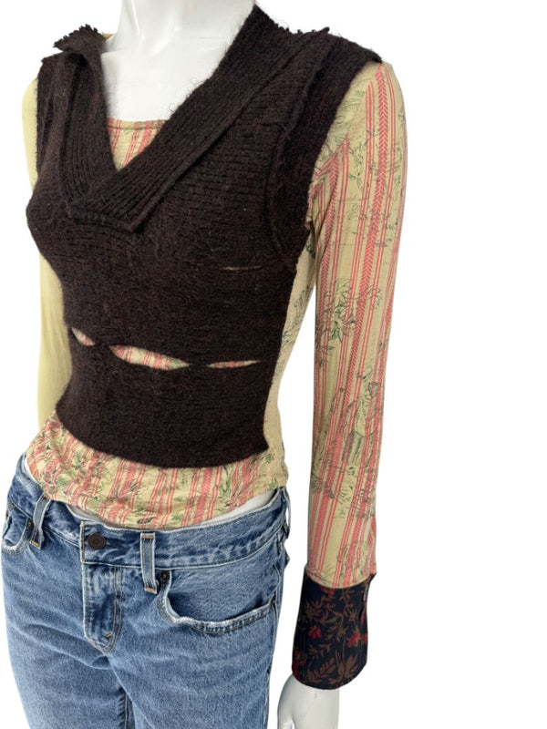 Custo Barcelona Mixed-Print Long-Sleeve Shirt with Knit Overlay – Size 1 (Small)