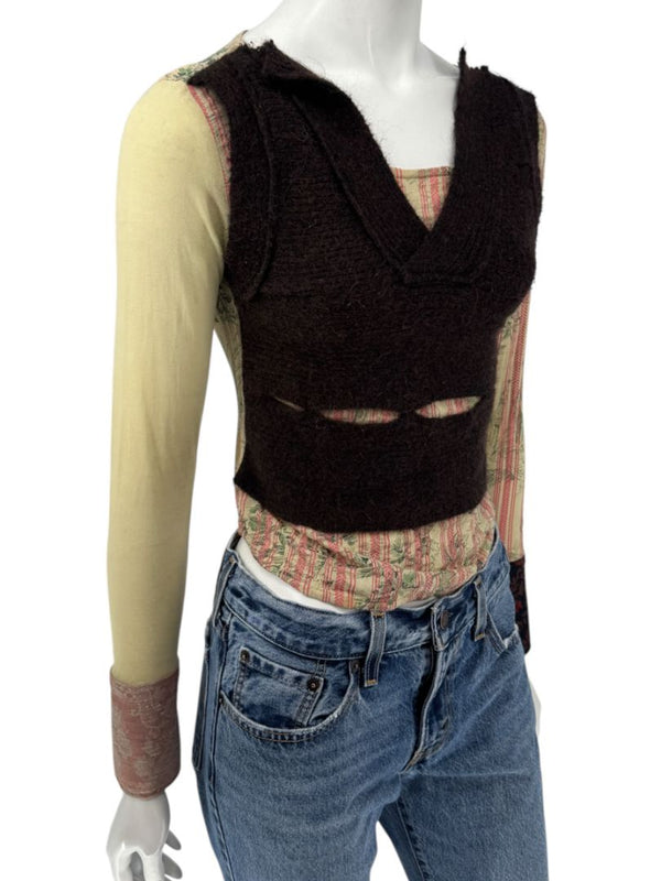 Custo Barcelona Mixed-Print Long-Sleeve Shirt with Knit Overlay – Size 1 (Small)