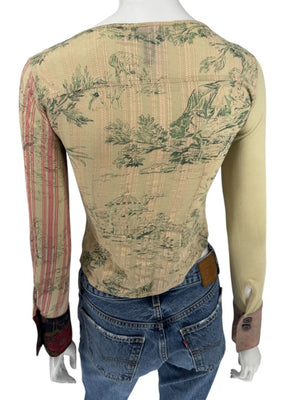 Custo Barcelona Mixed-Print Long-Sleeve Shirt with Knit Overlay – Size 1 (Small)