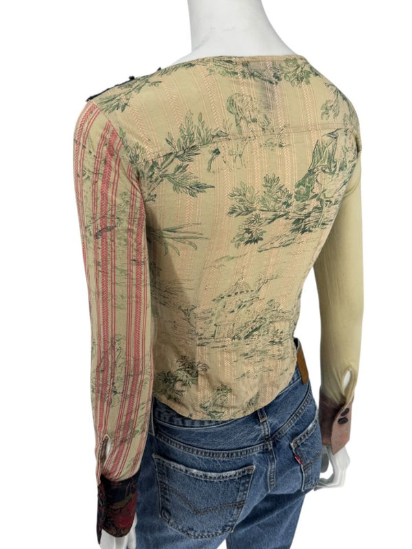 Custo Barcelona Mixed-Print Long-Sleeve Shirt with Knit Overlay – Size 1 (Small)