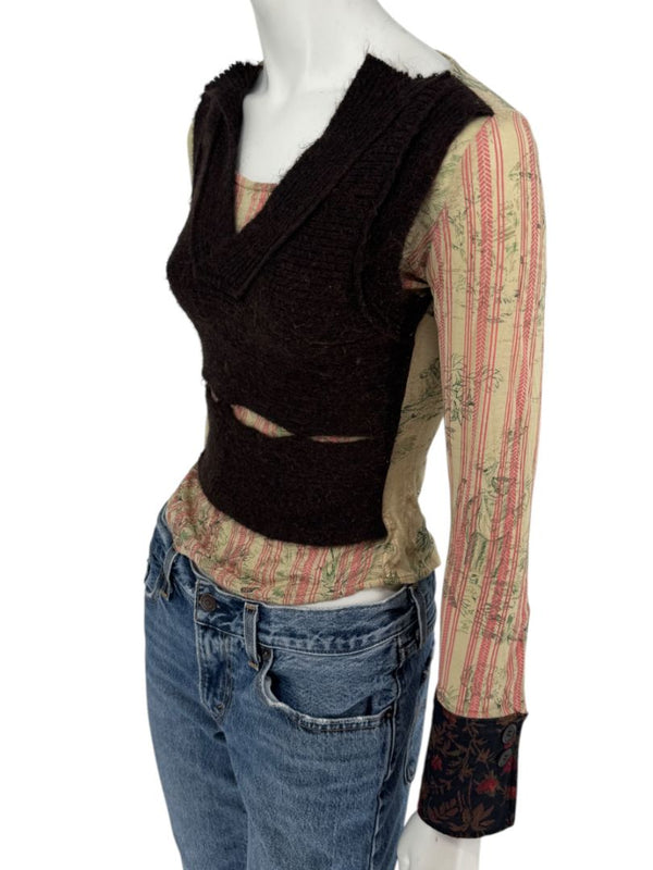 Custo Barcelona Mixed-Print Long-Sleeve Shirt with Knit Overlay – Size 1 (Small)